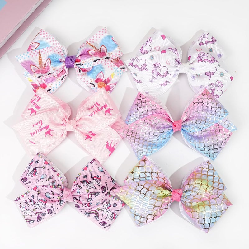 CellElection 4.5Inch Bows for Girls Boutique Grosgrain Ribbon Rainbow Hair Bow Alligator Hair Clips Pigtail Bows Unicorn Hair Clips for Baby Girls Toddler Kids Children Teens 12PCS - Image 3